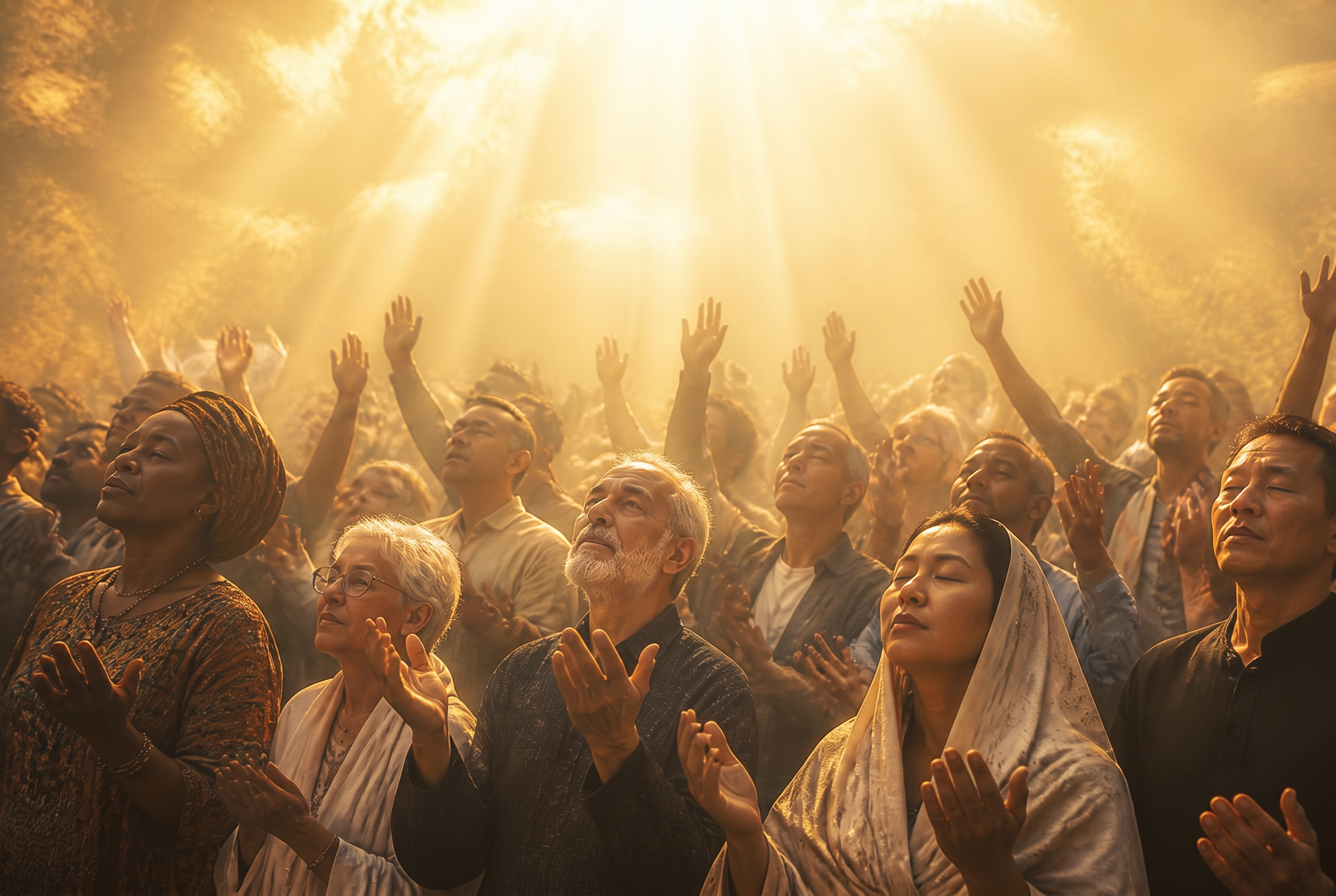 Diverse believers around the world praying together with hands lifted in golden light